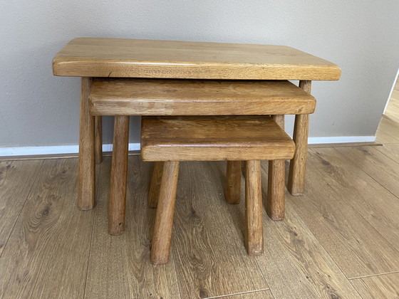 Image 1 of Tavolini vintage brutalisti in rovere in stile Charlotte Perriand