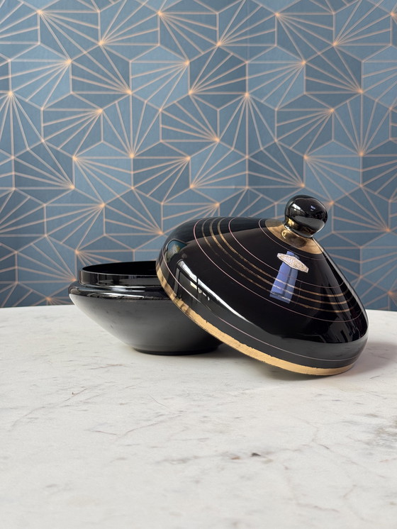 Image 1 of Grande bomboniera in vetro nero, serie "Mimosa" - Boom, Belgio Art Déco - Vetro ialitico -