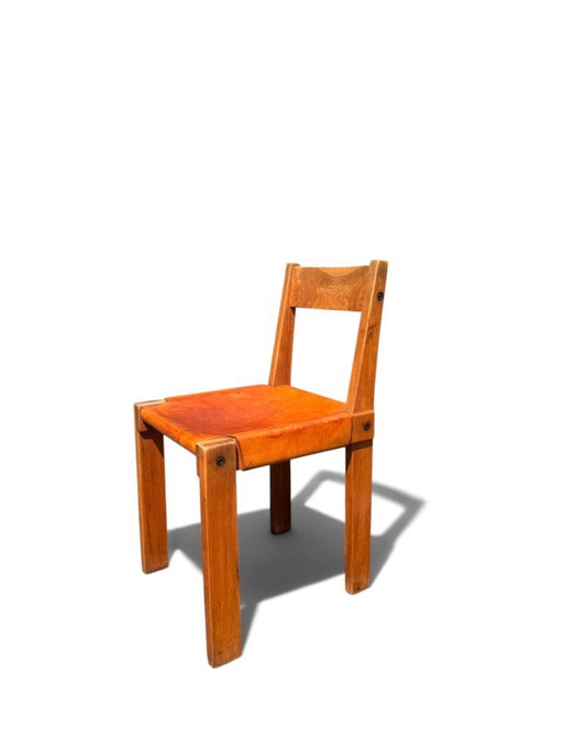 Autentica sedia brutalista Pierre Chapo S24 - Olmo massello e pelle – eetkamerstoelen, Leather