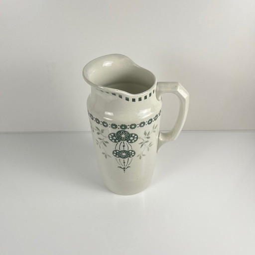 Antique earthenware pitcher, green floral decoration, ironstone, late 19th - early 20th century