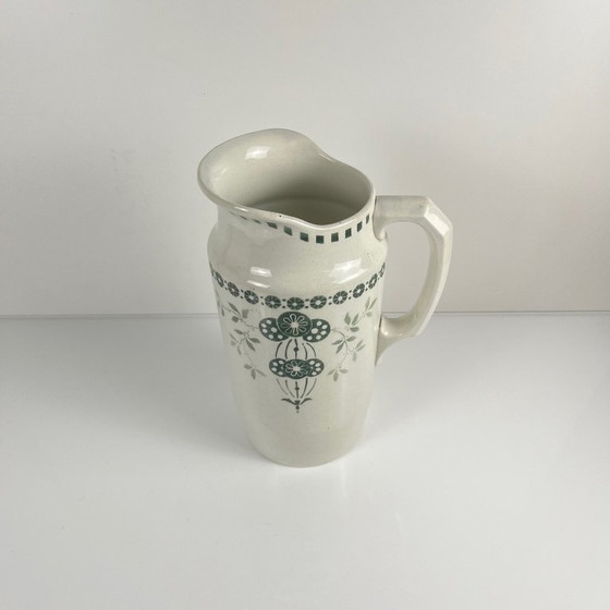 Image 1 of Antique earthenware pitcher, green floral decoration, ironstone, late 19th - early 20th century