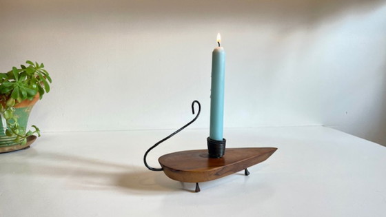 Image 1 of Brutalistische olijfhouten kaarsenhouder vintage