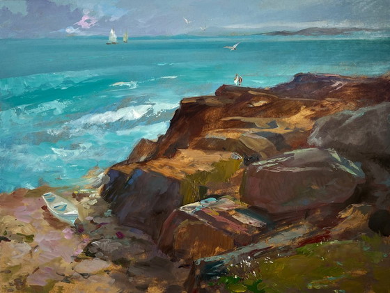 Image 1 of Original Oil Painting Coastal Rock Landscape Sea Symphony of Waves