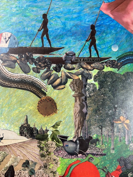 Image 1 of Very large surrealist collage painting by Alain Gaudet, 1979