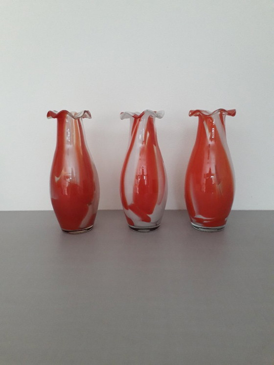 Image 1 of 3 Murano vases, in orange and white, circa 1965