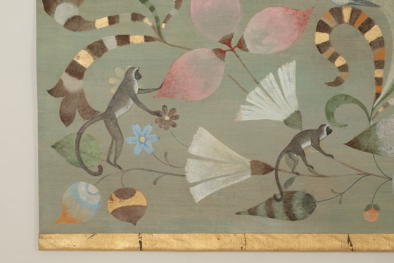 Image 1 of Contemporary painted canvas with a decoration of lemurs, birds and flowers.