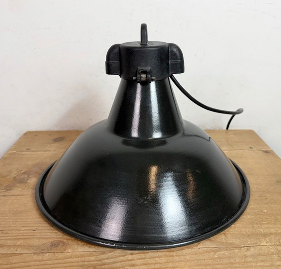 Image 1 of Set of 4 Industrial Black Enamel Factory Lamps with Cast Iron Top, 1950s