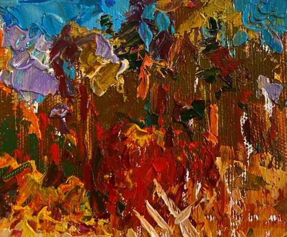 Image 1 of Original Oil Painting Autumn Forest Landscape There is a lake on the outskirts