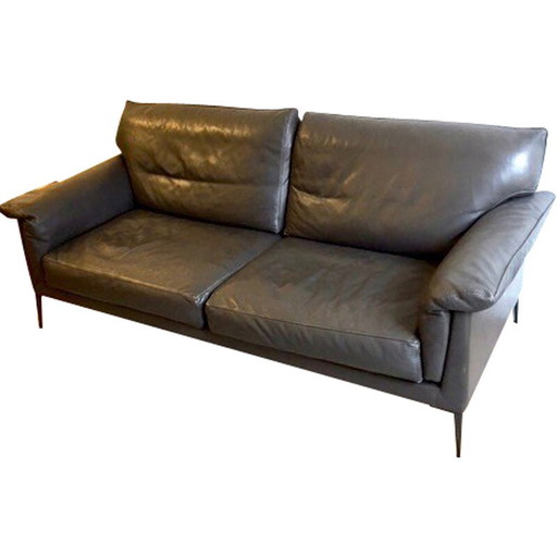 Vintage 2-seater sofa "Hélium" in gray cowhide leather and black metal for Duvivier, France