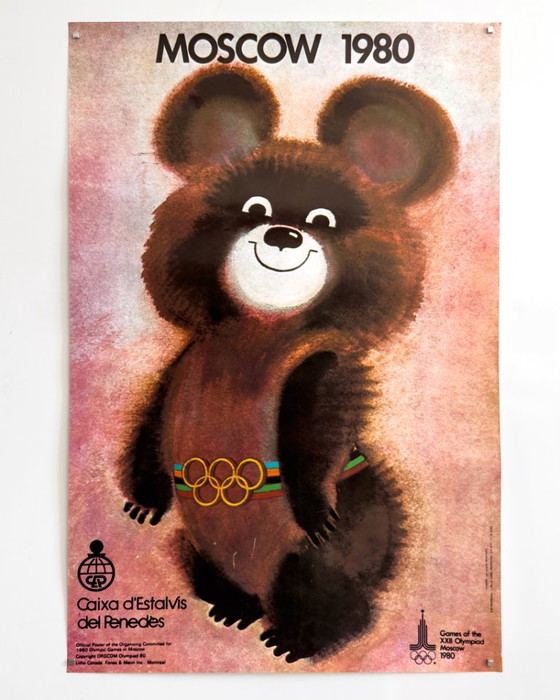 Image 1 of 🏟Misha Bear (Moscow Olympics Mascot) – 1980 – Original Poster by Viktor Chizhikov | Spanish‑market Edition | 61 × 41 cm | Spain
