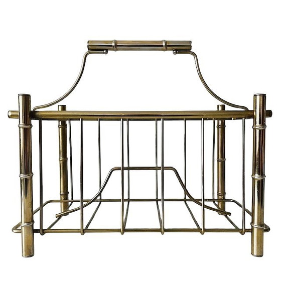 Image 1 of Vintage Hollywood Regency Faux Bamboo Newspaper Rack Magazine Basket Gold Metal Magazine Rack 1960s