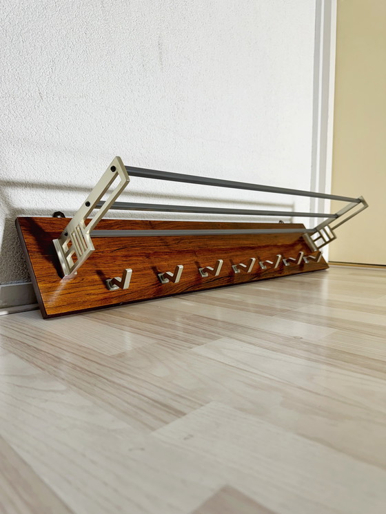 Image 1 of Vintage Art Deco Coat Rack with 7 Chrome hooks and Hat Shelf
