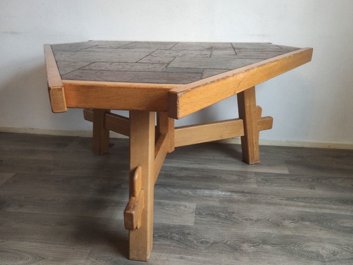 Vintage brutalist, sculptural oak triangle dining table