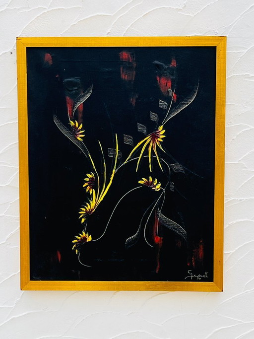 Vintage painting by S. Dewael, 1974, floral composition on a black background