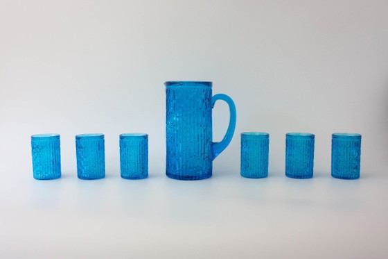 Vintage 1970s IVIMA Blue Glass Jug and Six-Glass Set, Glass & Decanter (photo 4 of 15)