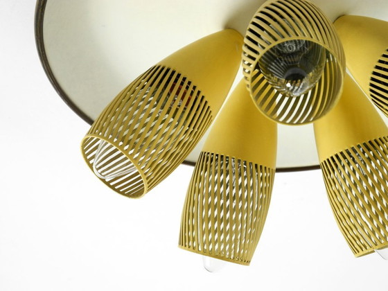 Image 1 of Very rare 5-arm mid-century modern metal bag ceiling lamp with round white reflector