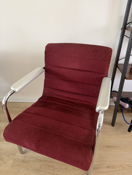 Vintage Machalke 'Crack' design fauteuil / armstoel – rode stof & chroom