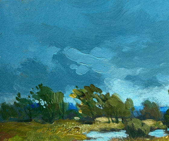 Image 1 of Original Oil Painting Summer Nature Landscape A small flood of the river