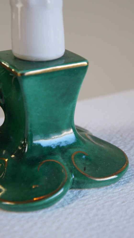 Image 1 of Vintage Groen Keramieken Frans Lampje Met Gouden Accenten