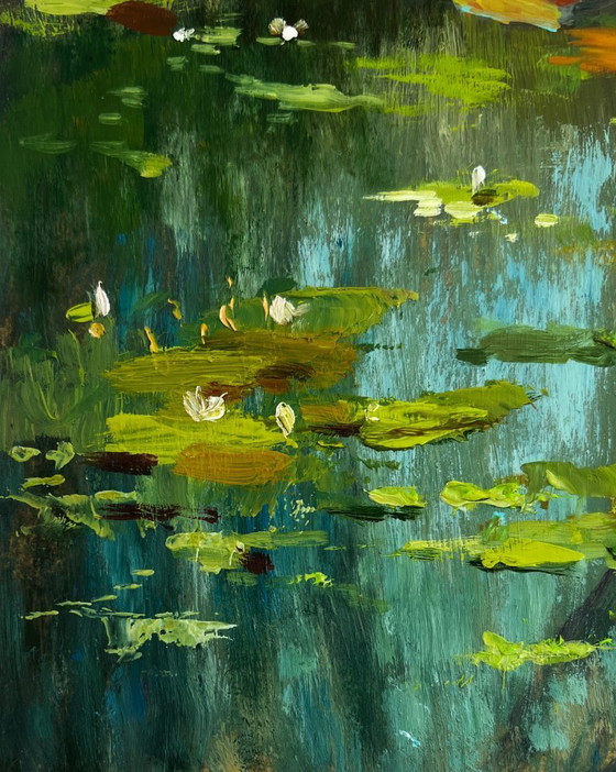 Image 1 of Original Oil Painting Summer Lake Landscape Fisherman's boat