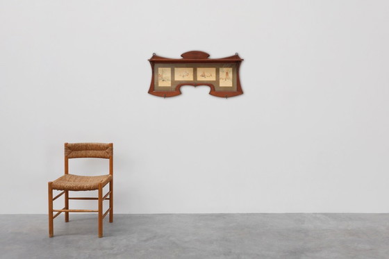 Image 1 of Art Nouveau Wall-Mounted Coat Rack with Framed Watercolors by Cassier, Belgium, 1905