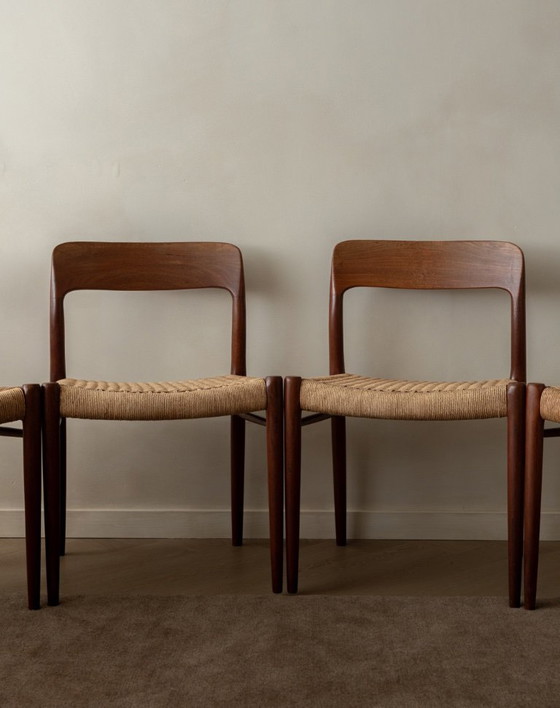 Image 1 of Vintage Danish Dining Chairs Model 75 by Niels Otto Møller for J.L. Møllers Møbelfabrik, Teak Paper Cord Chairs, 1950s, Set of 4
