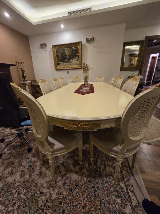 Image 1 of Grand Louis XVI Style Dining Suite: Large Oval Table & 10 Medallion Chairs (Solid Walnut)