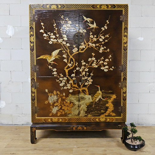 Vintage Chinese cabinet birds & flowers, red & gold (bohemian) Asian cabinet
