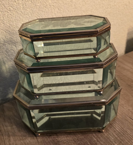 Vintage Glazen Sieradendoosjes Met Messing Randen En Een Geëtst Rozenmotief – decoratieve objecten, Glass, Brass