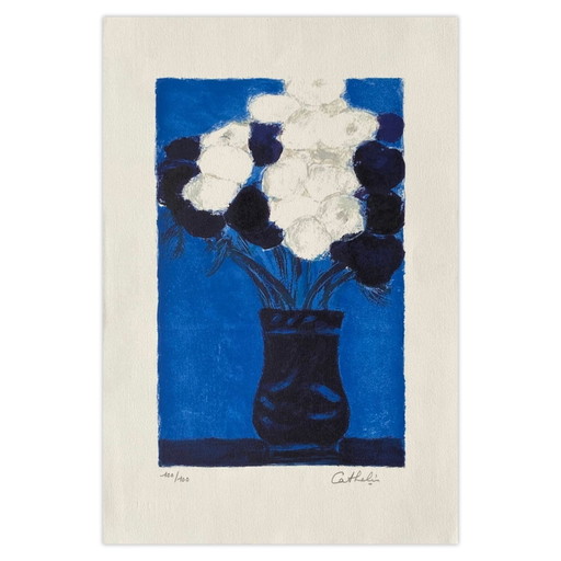 Bernard CATHELIN Anemoni blu e bianchi Litografia firmata 1995