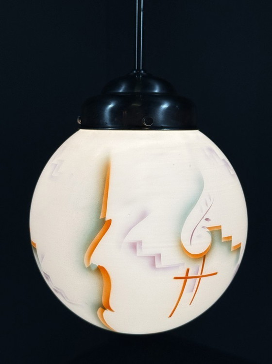 Image 1 of Art-Deco-Pendelleuchte aus Buntglas