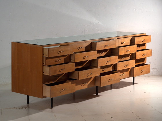 Vintage Twenty-Drawer Counter Chest, Central Europe, circa 1950, Storage cabinet, Glass, Brass, Black (photo 5 of 21)