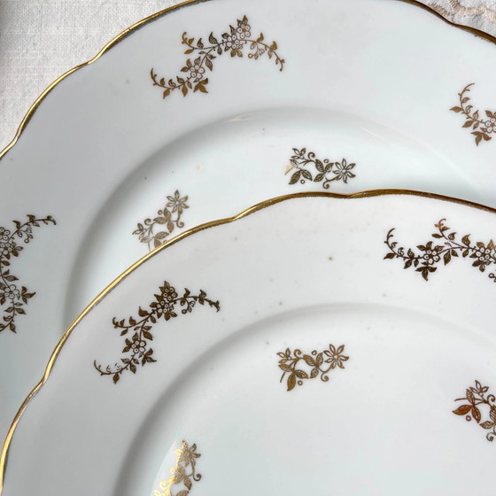 6 J&Ciem France 1950 Witte vergulde florale porseleinen dinerborden – Servies, Porcelain (photo 9 of 9)