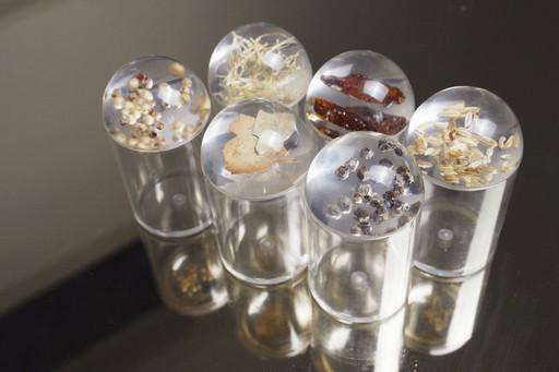 Set of 6 French Plexiglas Resin Spice Cylinder Jars / Preserved Spices and Herbs, Vintage Kitchen Decor