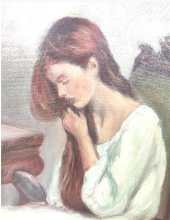 Image 1 of Antiek Frans olieverfschilderij uit het begin van de 20e eeuw, portret van een vrouw.