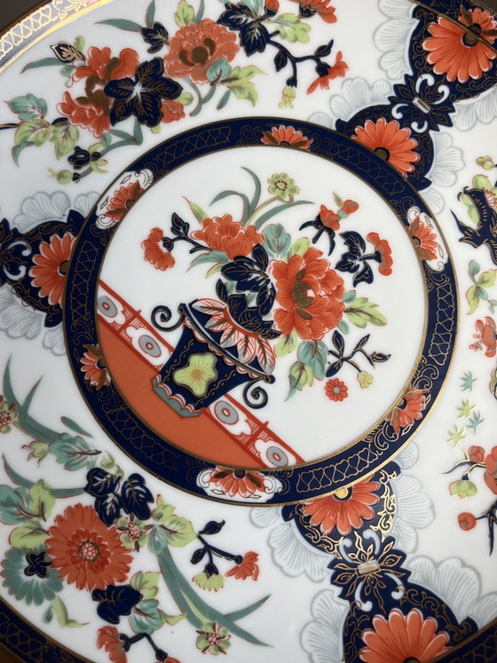 Image 1 of Teller Vintage SAJI Fine China Charger Dinner Plate aus Japan, handgemaltes florales Design in Gold, Rostrot, Blau