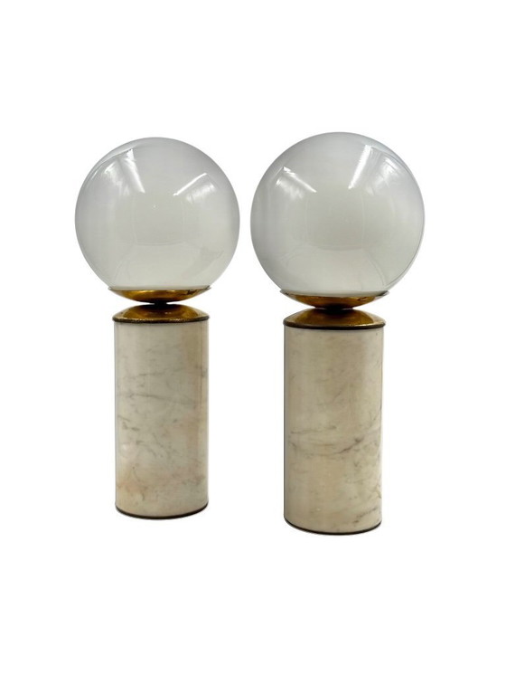 Image 1 of Hollywood regency set of 2 Carrara marble & brass table lamps, Lucirhytmo Italy 1970s