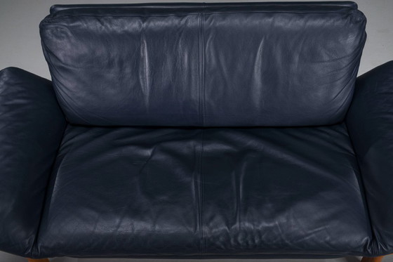 Image 1 of Danish Teak and Navy Blue Leather 2-Seater Sofa from Komfort, 1970s