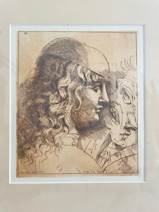 Image 1 of Grabado antiguo enmarcado, según Leonardo da Vinci, perfil masculino renacentista, marco de madera dorado, 40 x 36 cm, decoració