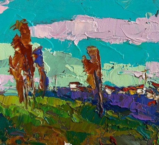 Image 1 of Original Oil Painting Summer Coastal Landscape Relaxation on the river
