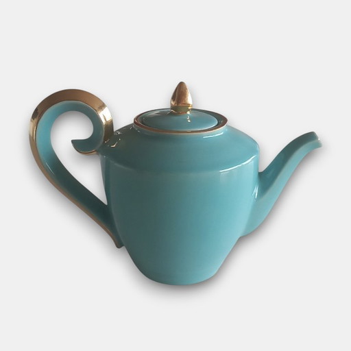 Vintage (1960-1970) handgemaakte design theeset in turquoise glazuur met goudaccenten – theepot en suikerpot met deksel
