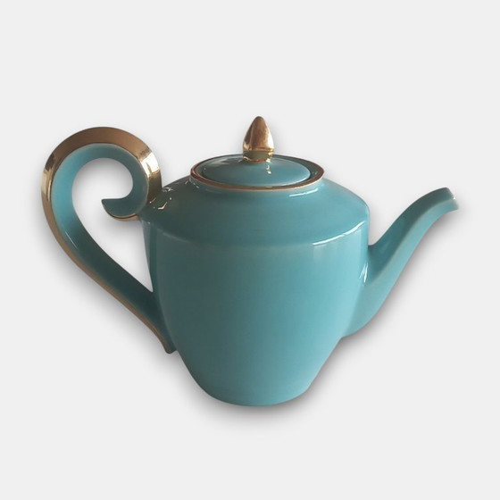 Image 1 of Vintage (1960-1970) handmade design tea set in turquoise glaze with gold accents – teapot and sugar bowl with lid