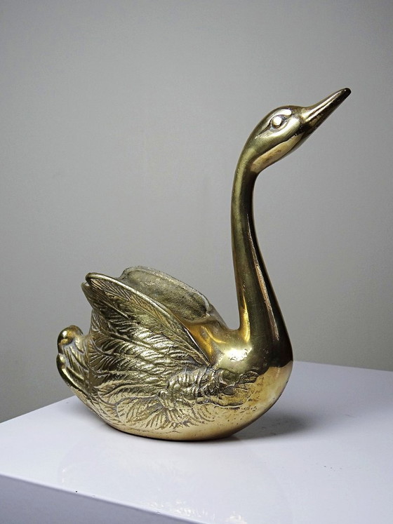 Image 1 of Vintage swan planter/trinket dish in cast gold brass, 1970s-80s