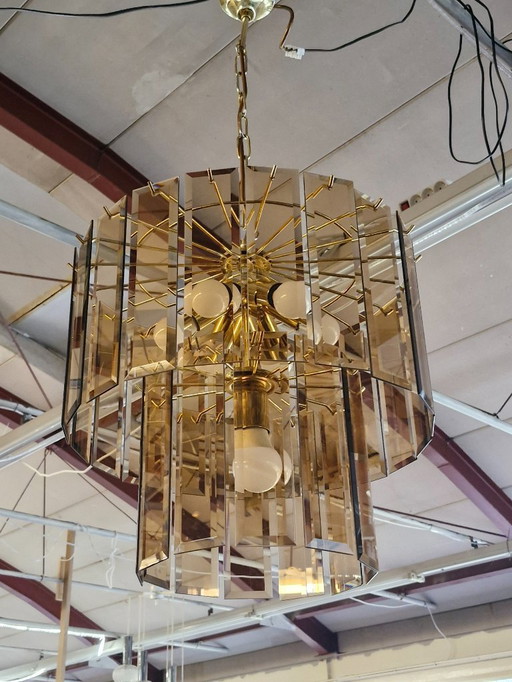 Vintage XL chandelier brass smoked glass 70s