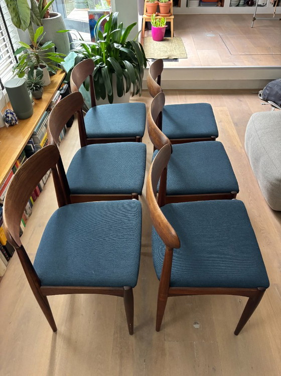 Vintage Johannes Andersen 6x eetkamerstoelen Deens design – Textile, Wood (photo 3 of 7)
