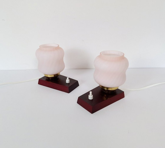 Image 1 of Vintage Mid Century Nightstand Lamps Pair / Retro Pink Swirl Glass Table Lights / 1970s Yugoslavian Bedroom Decor / By EMI Poljc