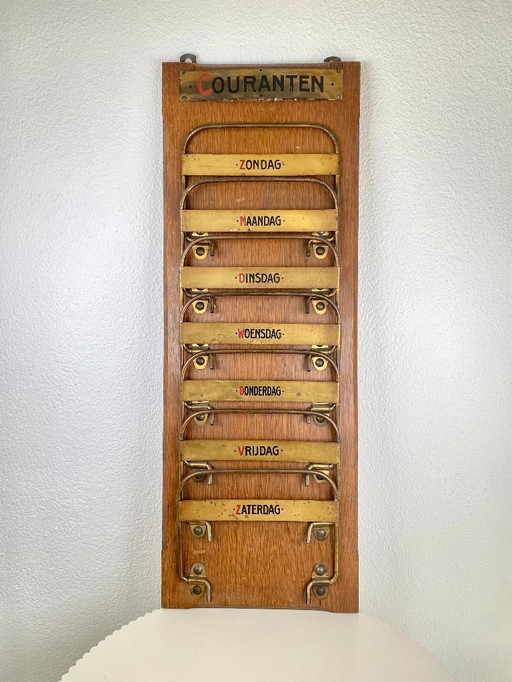Antique / Vintage Newspaper Rack - Wall Mounted Paper Holder - 1930s Dutch Wooden Magazine Organizer