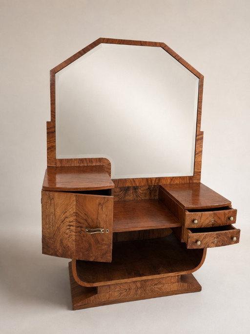 Tocador Art Déco original restaurado, madera de raíz, espejo y herrajes originales – kaptafels, Wood