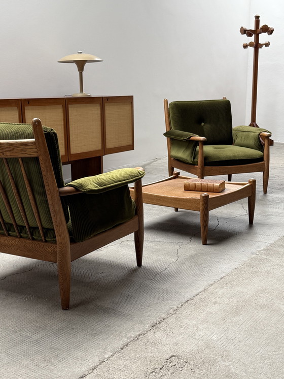Image 1 of Lot de 2 fauteuils Wilhelm Knoll accoudoirs chêne bois massif velours vert, Allemagne années 1960