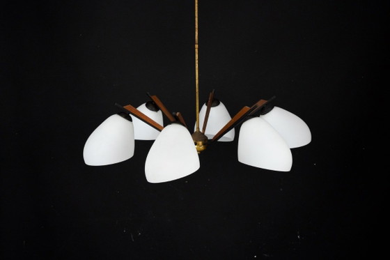 Image 1 of Italian Mid-Century six arms chandelier in the manner of Stilnovo. Italy 1950s.